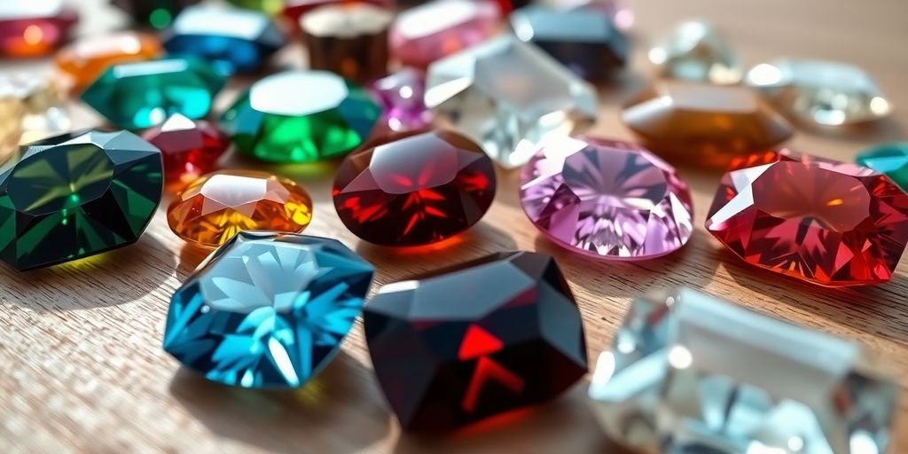 Colorful ethically sourced gemstones on a wooden surface.