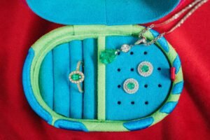 Close-up of a luxurious jewelry set with emerald earrings, necklace, and ring in a vibrant case.