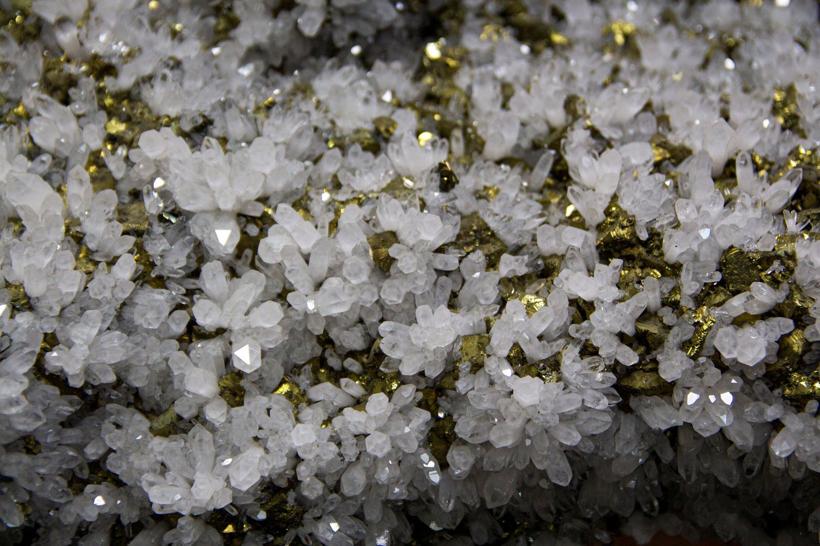 Detailed view of white crystals with golden pyrite showcasing natural mineral patterns and textures.